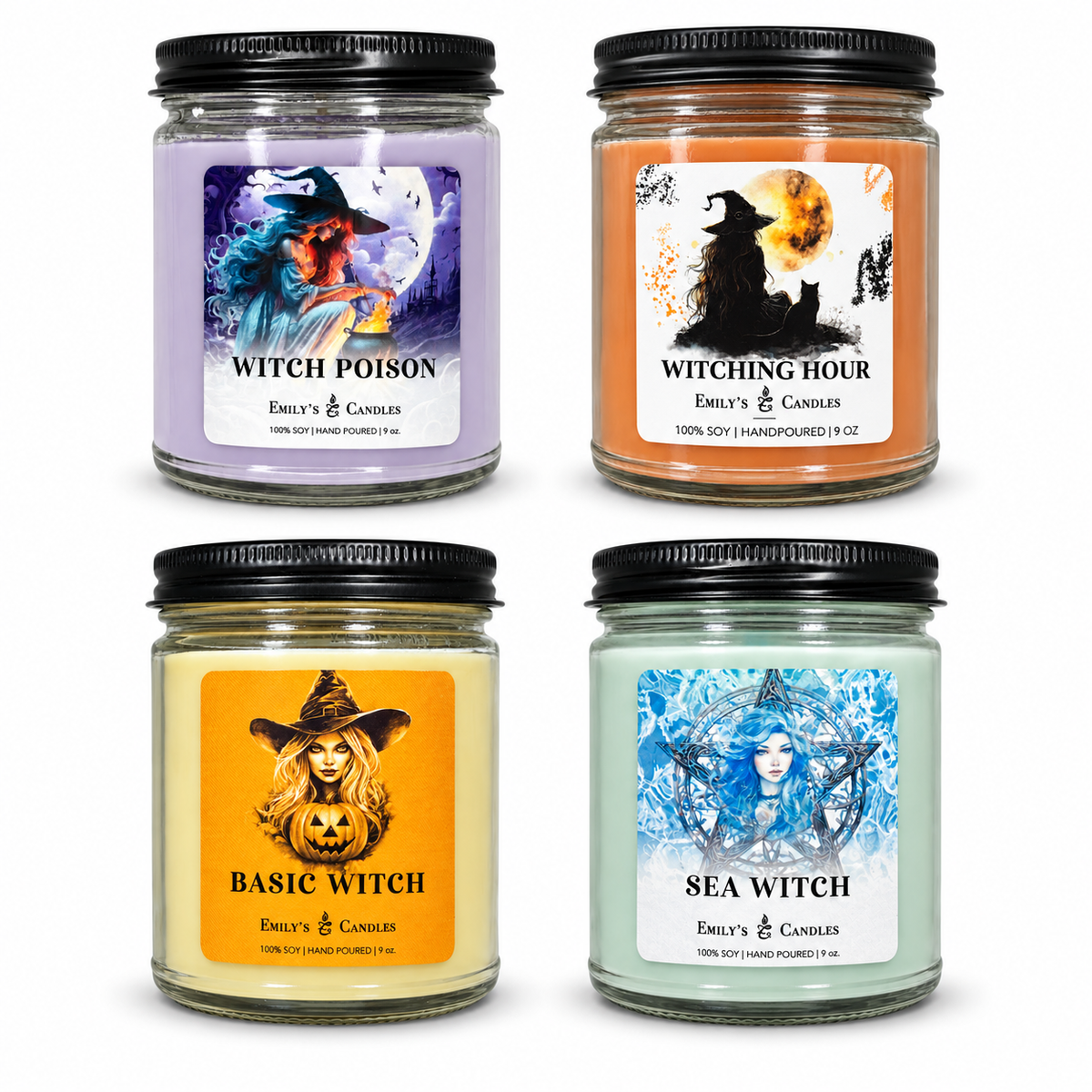 Set of 4 - 9 Oz 100% Soy Candle Witchy Scents Bundle